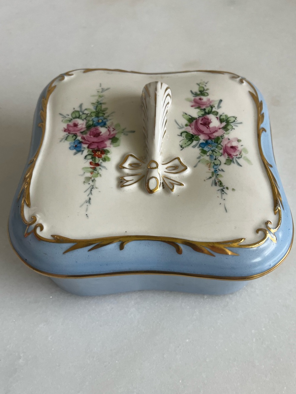 Taube China Porcelain Floral Trinket Box in Blue and White with Gold Trim